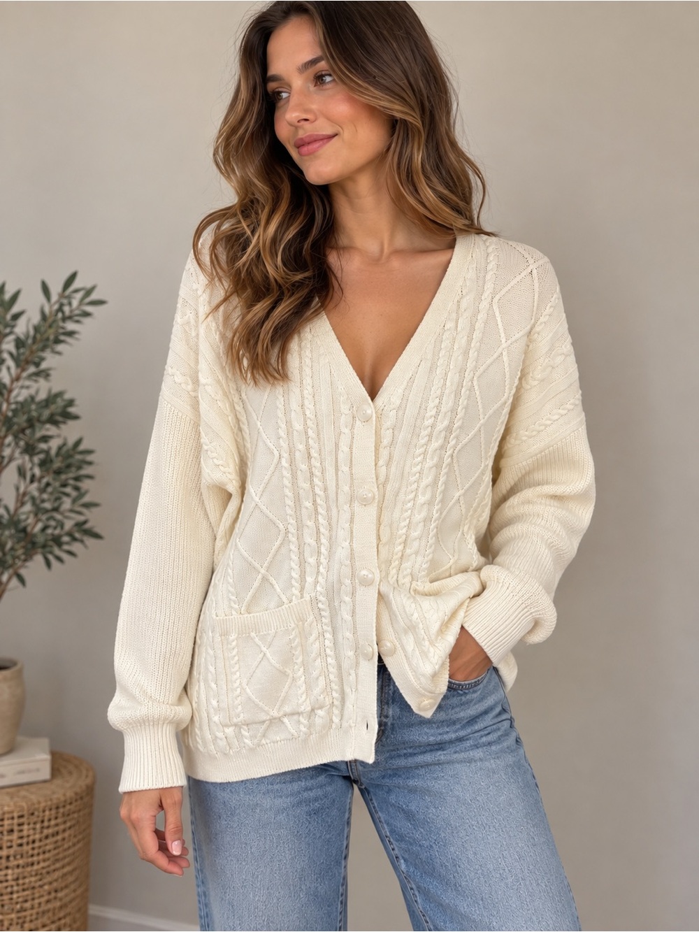 Happily Grey Ivory Cable Knit Oversized Cardigan Size L Coastal Preppy Fall